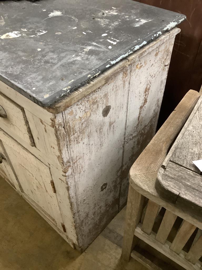 A Victorian pine slate top low dresser, length 170cm, depth 54cm, height 89cm